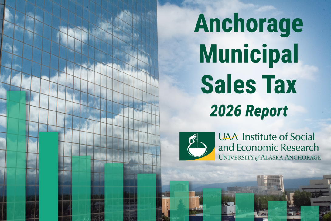 A bar graph overlaying an image of downtown Anchorage. Text on image: Anchorage Municipal Sales Tax: 2026 Report, UAA Institute of Social and Economic Research