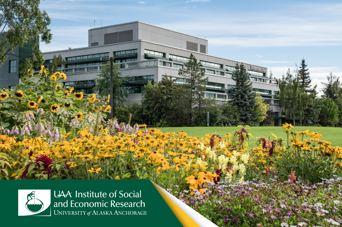 An academic building behind a row of flowers. Text on image: UAA Institute of Social and Economic Research