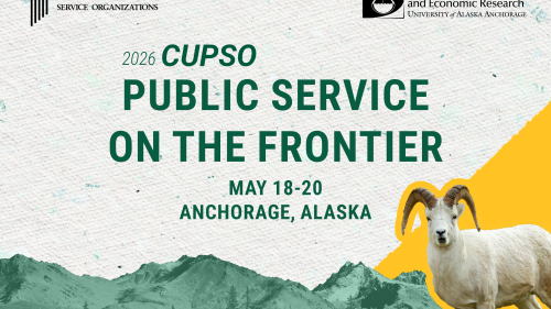 A banner image with a mountain goat and green mountains advertising the 2026 CUPSO Conference, Public Service on the Frontier, May 18-20 in Anchorage, Alaska