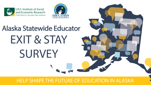 A graphic of Alaska filled with speech bubbles. Text on image: Text on image: Alaska Statewide Educator Exit & Stay Survey. Help shape the future of education in Alaska